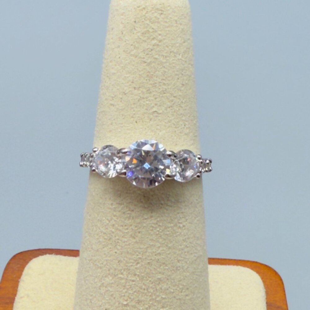 Three Stone Cubic Zirconia Engagement Ring Silver Tone Round Cut Size 6